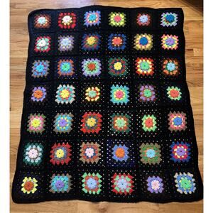 Vintage Crochet 3D Flower Granny Square Afghan Blanket 44”x62” Black Multicolor